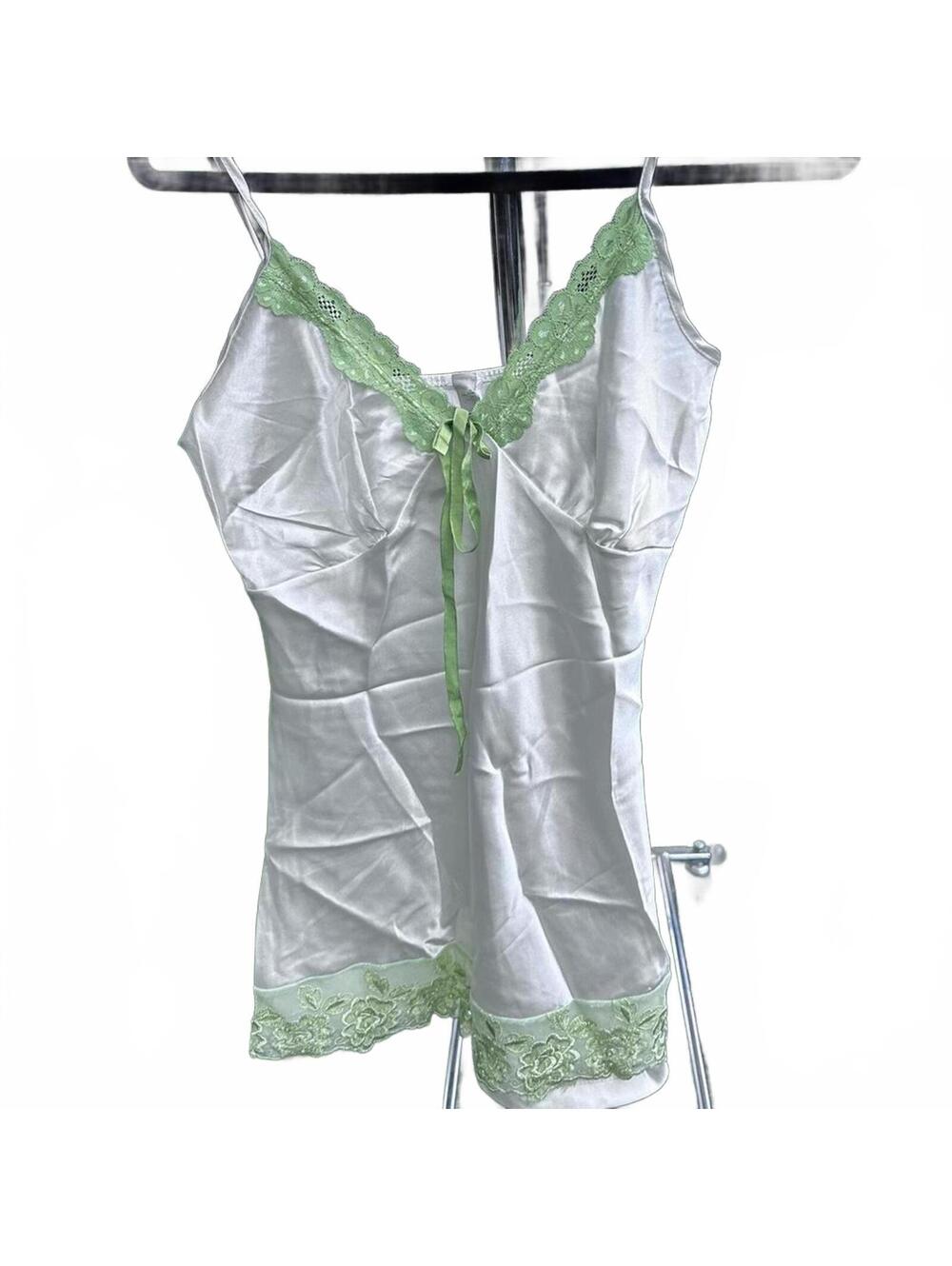 Y2K Kiwi Brand Babydoll White and Green Lace Trim Cami Top Size L